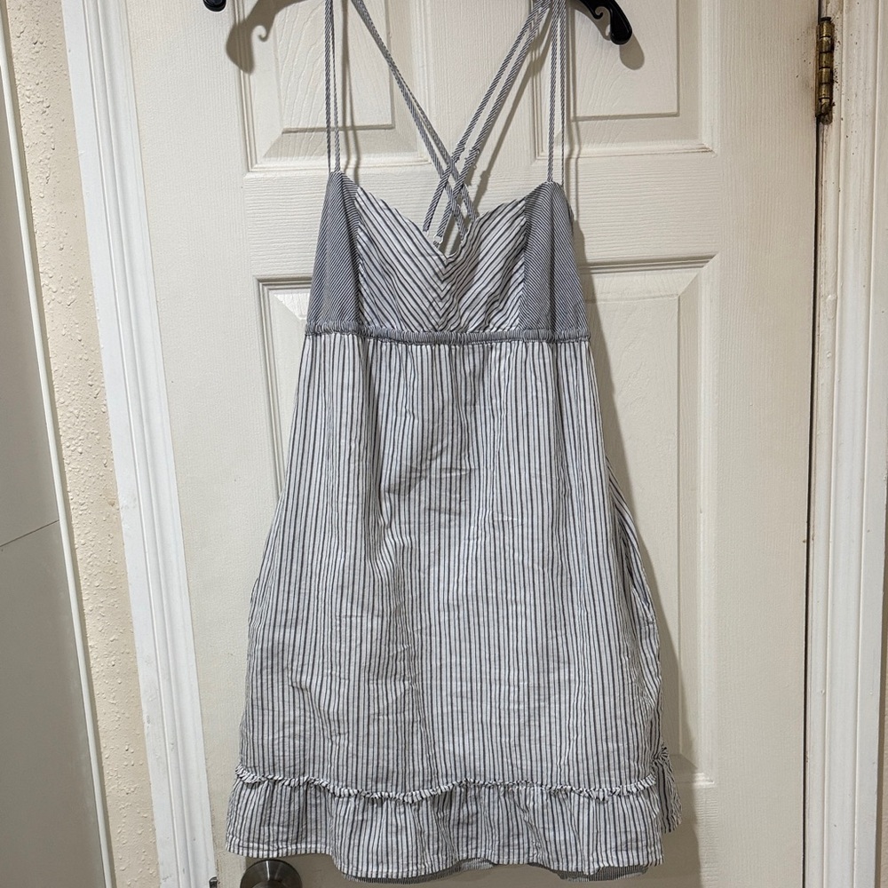 Cute!Striped Gray  and White Sundress with Crisscross Straps